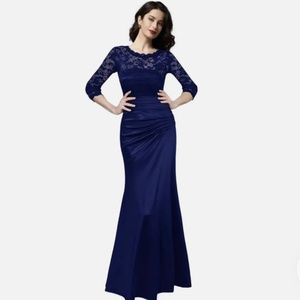 NWT Miusol Womens Lace Bodice Satin Ruched Mermaid Evening Dress Navy Blue XL